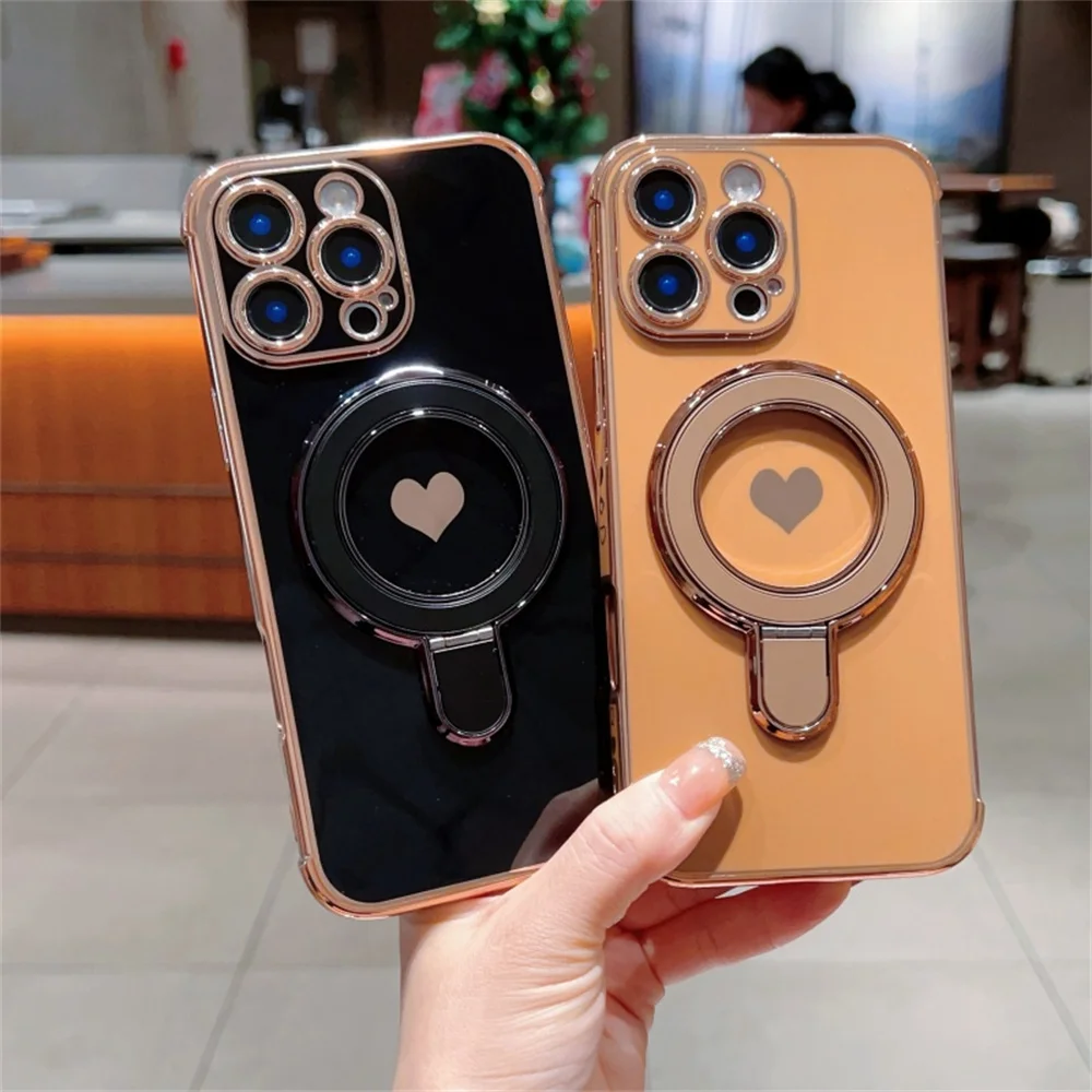 Magnetic Love Heart Stand Holder Phone Case with Plating