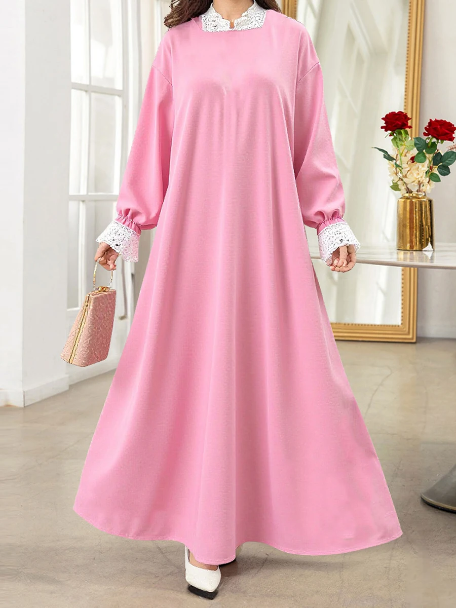 Elegant Mu Women s Abaya Dress with Hijab and Lace Patchwork Long Sleeve Islamic Prayer Robe Arabic Casual Dress for Women