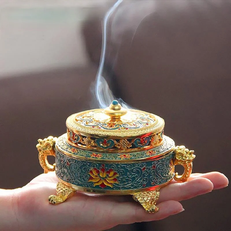 

ERMAKOVA Incense Holders Incense Burner Tibetan Style Painted Enamel Zinc Alloy Coil Incense Holder Home Office Decoration Gift