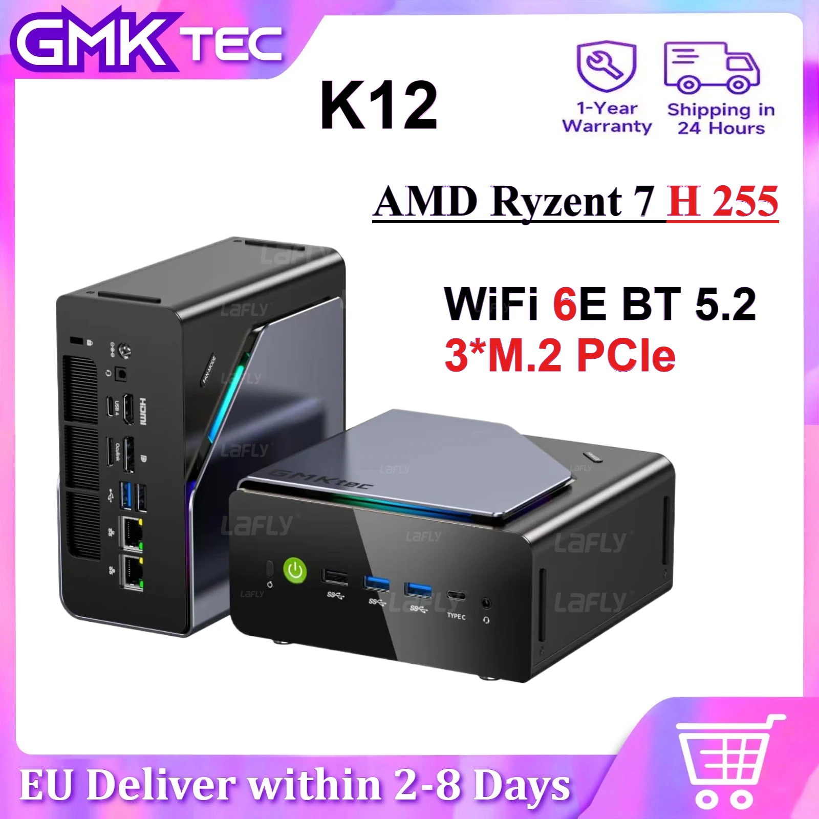 GMKtec K12 Mini PC AMD Ryzen™ 7 H 255 Dual DDR5 5600MT/s 3*SSD