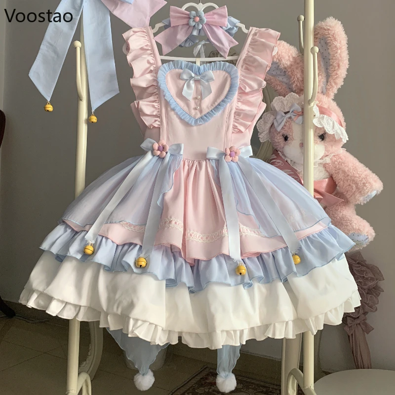 Japanese Sweet Lolita Jsk Dress Women Kawaii Bow Mesh Ruffles Tea Party Dresses Harajuku Cute Pink Blue Princess Mini Cake Dress lolita dress lolita cosplay costumes