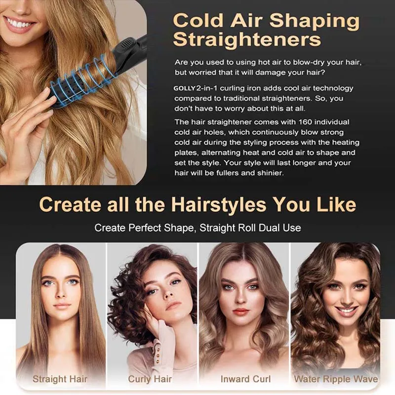 Multifunctional Cool Airflow Styler Professional 2 In 1 Hair Straightener And Curler Ptc Fast Heating Cool Air Hair Flat Irons 2