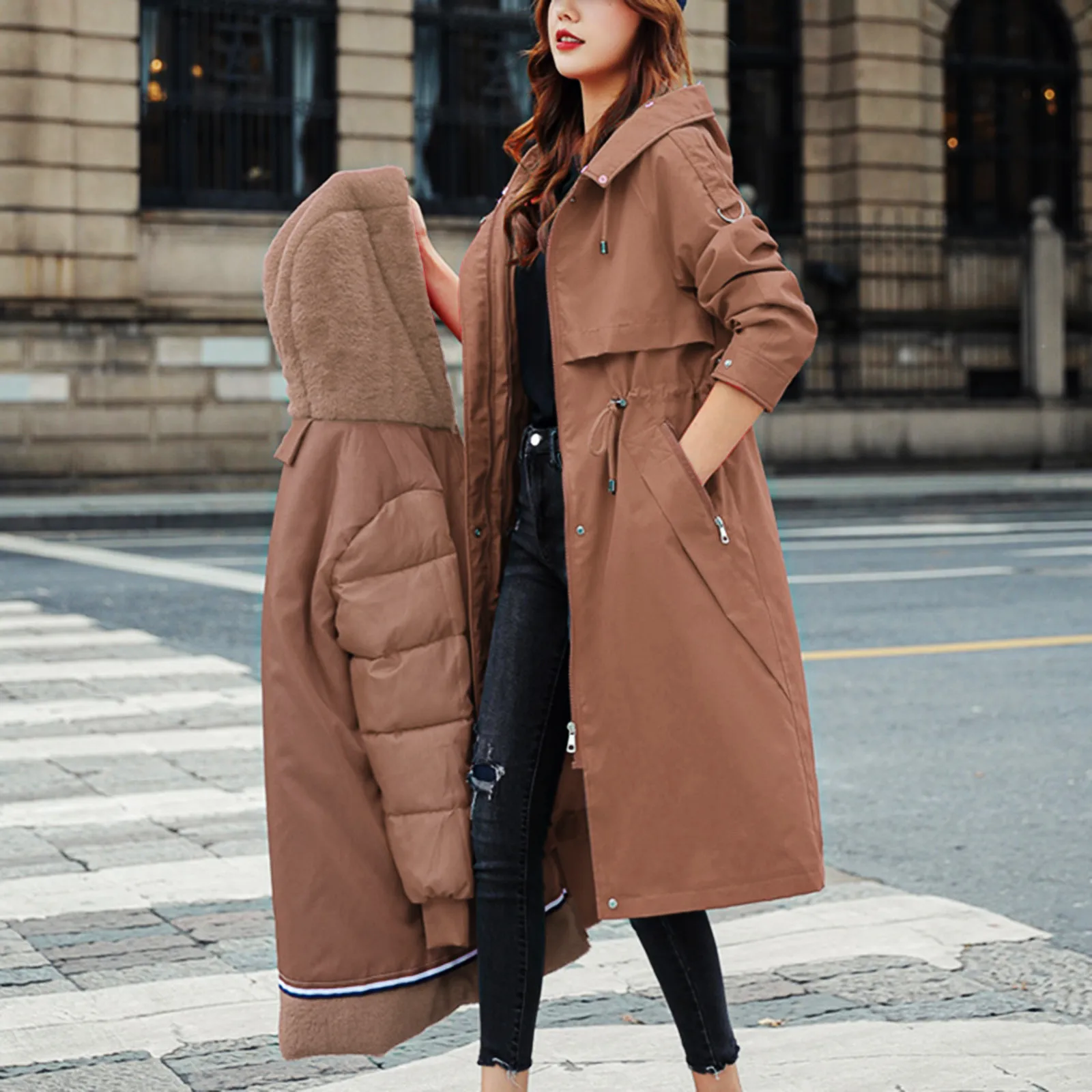 

Winter Coat For Women Thick Warm Fur Liner Hooded Jacket Snow Wear Solid Soft Thick Plush Lined Hooded Overcoat Parka Coat топ