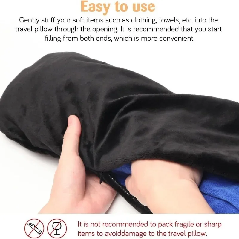 Travel Pillow Portable Flannel Neck Pillow Space-saving Fillable Clothes Neck Adjustable for Car Train Airplane