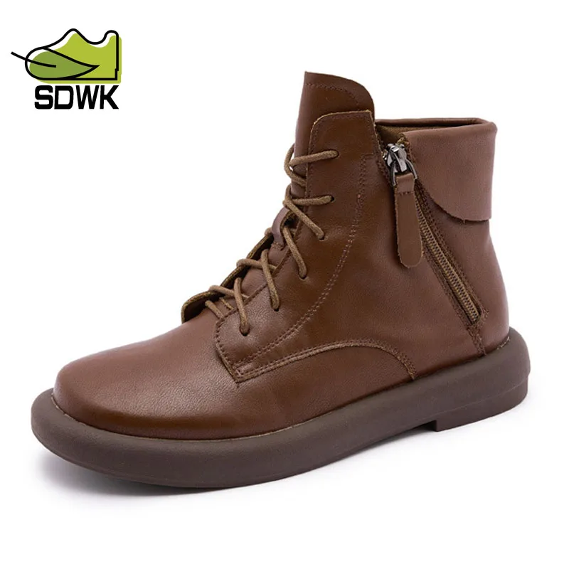 

SDWK Women's Shoes 2023 High Quality Winter Women's Boots Mixed Colors Round Toe Lace Up Zipper Low-heeled Water Proof Shoes