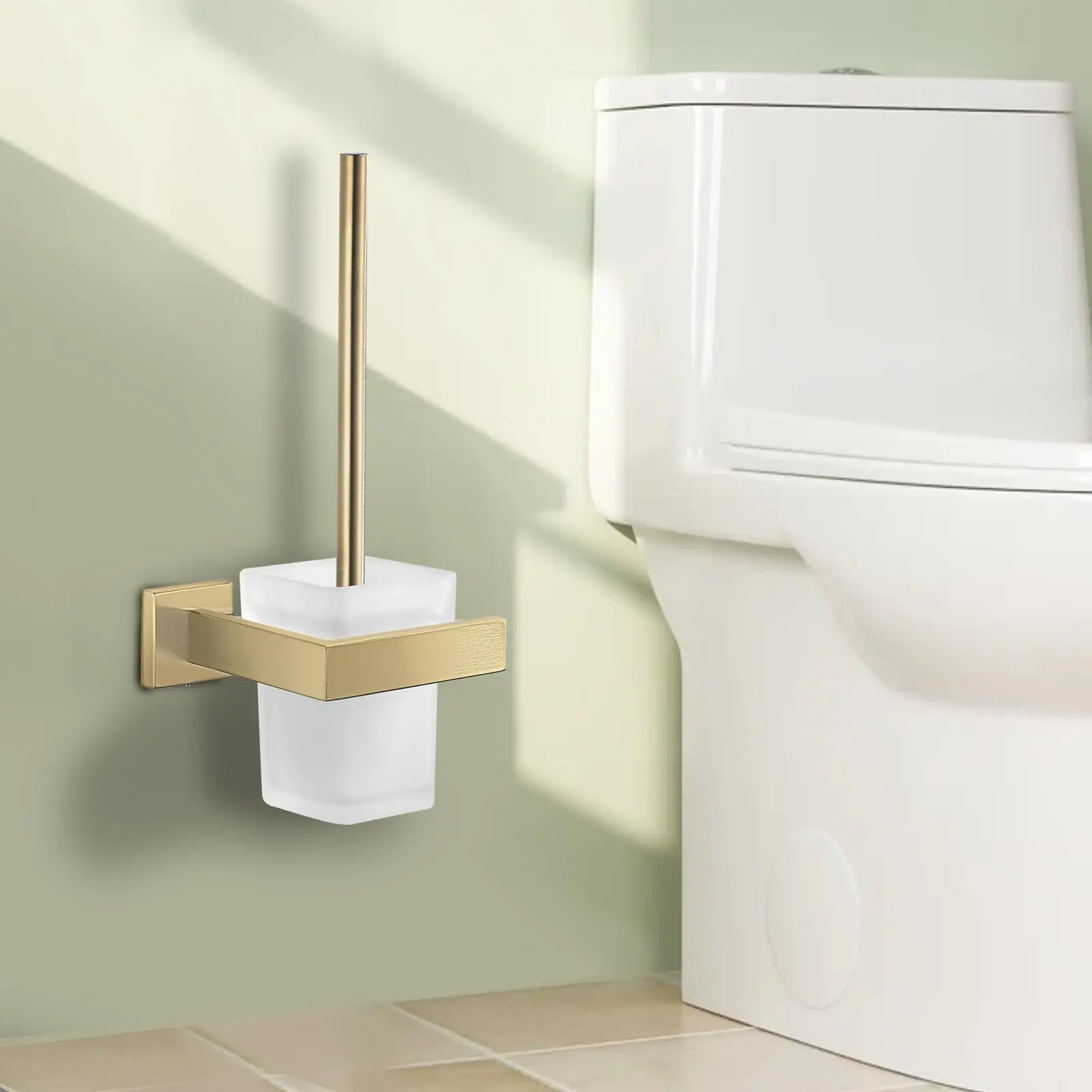 Wall-Mounted Brushed Stainless Steel Toilet Brush with Glass Holder