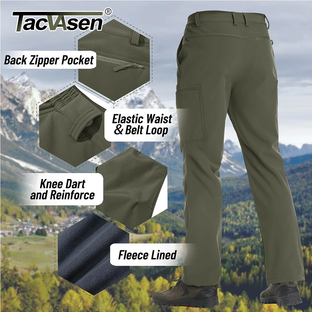 TACVASEN 지퍼 포켓 겨울 따뜻한 양털 바지 남성 하이킹 작업 바지 Softshell 낚시 카고 바지 캠핑 야외 바지