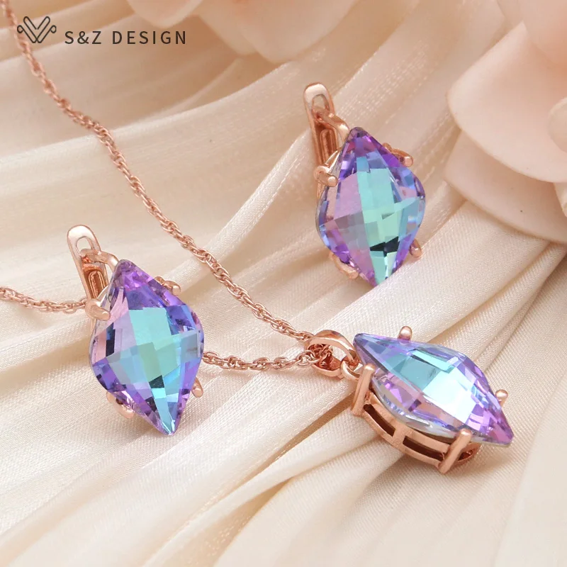 S&Z DESIGN New Fashion Luxury Prismatic Crystal Dangle Earrings  For Women Wedding 585 Rose Gold Color Eardrop Jewelry Gift
