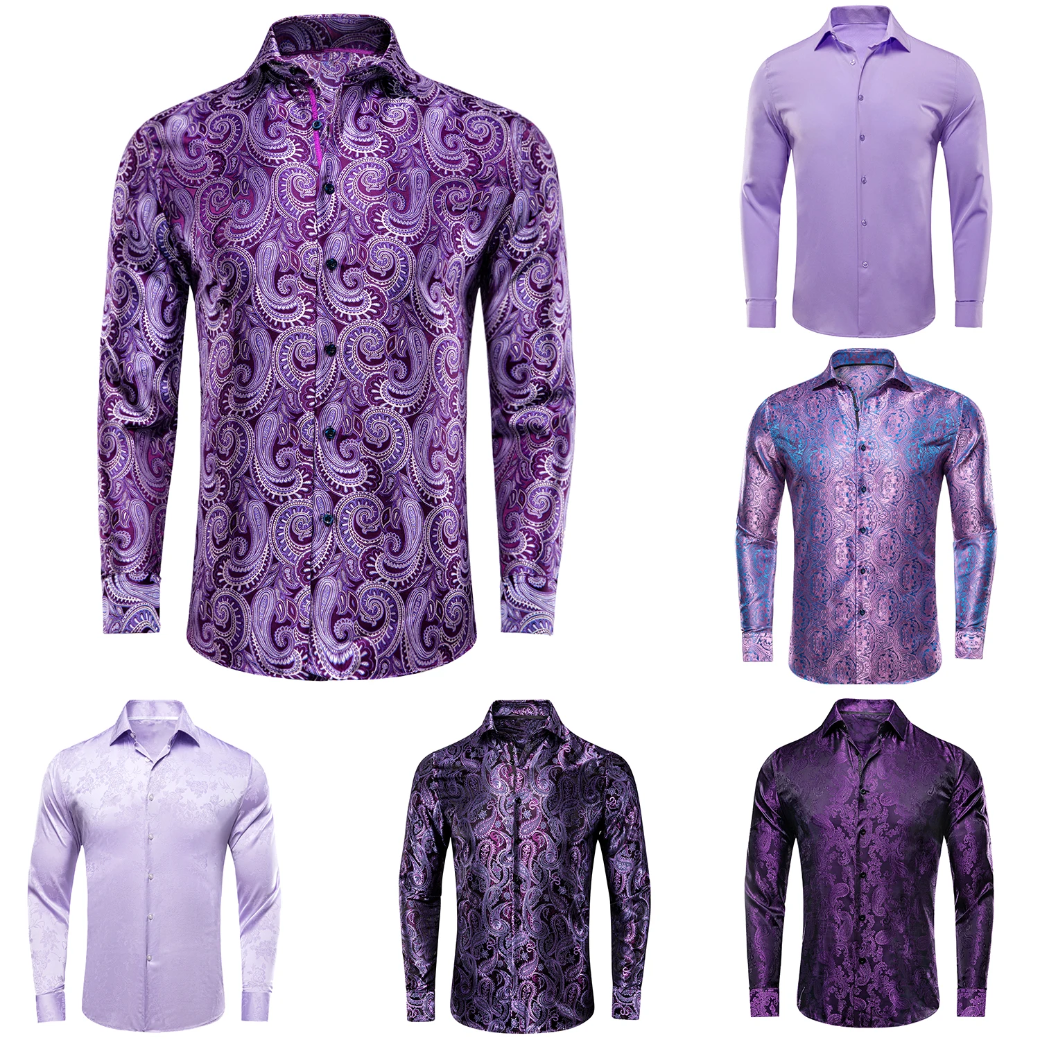 

Lilac Mauve Lavender Purple Silk Mens Shirts Luxury Lapel Long Sleeve Dress Shirt Jacquard Blouse for Male Wedding Business Prom