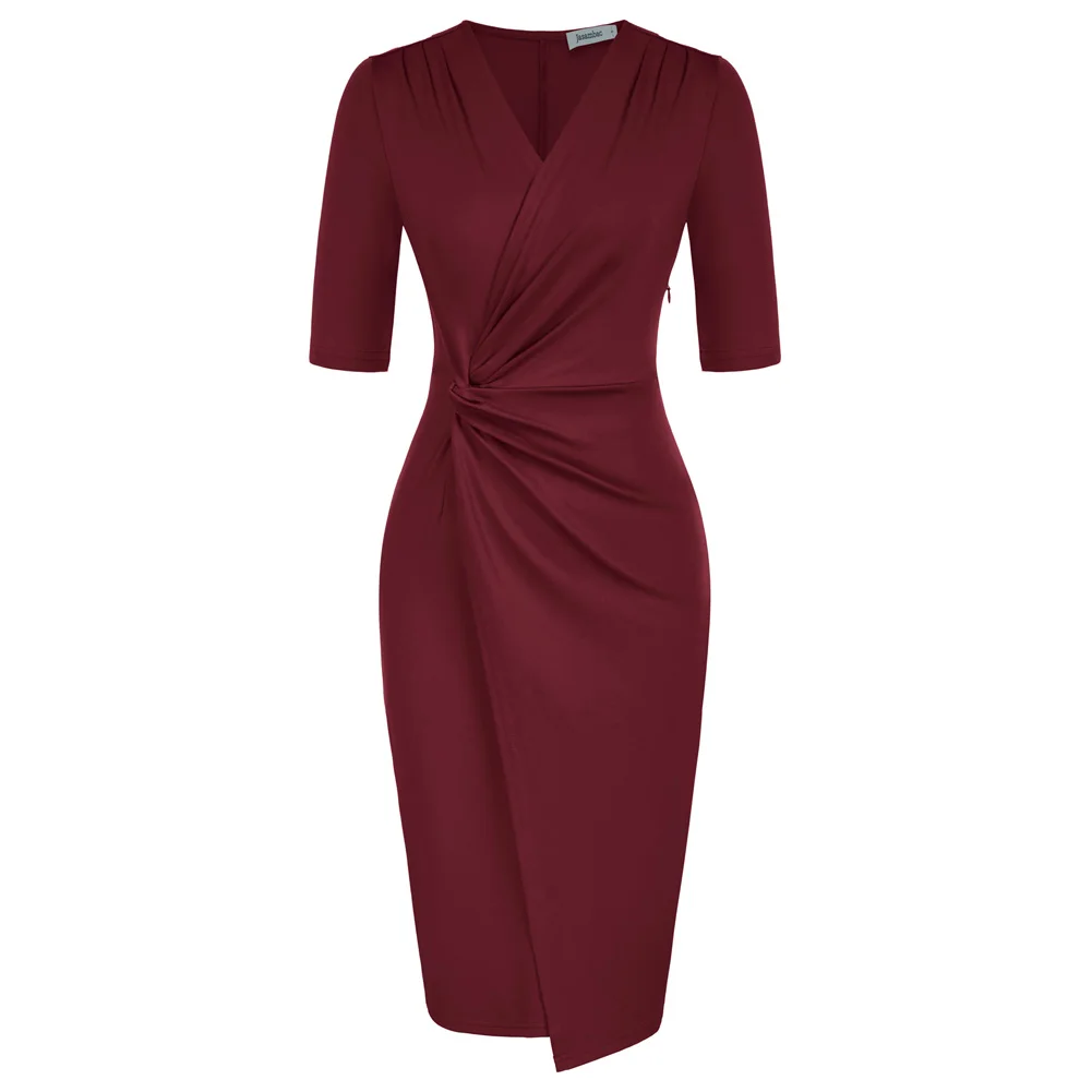 JASAMBACWomensHalfSleeveBodyconWrapDressVNeckTwistFront