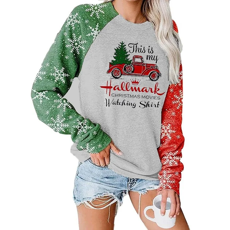 Women's Fall Winter Tops Car Tree Printed Casual Round Neck Christmas Sweatshirt Drop Shoulder Long Sleeve Pullover Clothing New