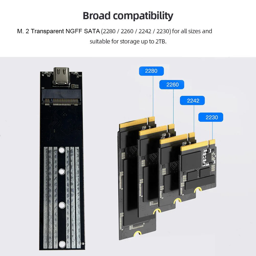 M.2 NGFF SATA 타입 C USB 3.1 하드 디스크 박스 10Gbps 투명 외장 SSD 어댑터 케이스 하드 디스크 케이스 (2230/2242/2260/2280 호환)