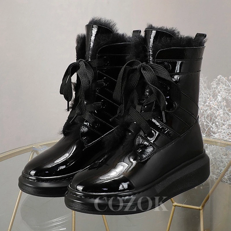 

Ladies Winter Boots 2023 New Patent Leather Upper Height Increasing Ankle Boots Round Toe Platform Warm Lace-up Female Shoes