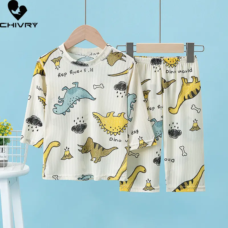 

New 2023 Kids Boys Girls Summer Thin Pajamas Cute Cartoon Three-quarter Sleeve T-Shirt Tops with Pants Baby Pyjamas Loungewear