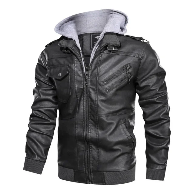 Wepbel Biker's Leather Jacket Men's Zipper Pu Jacket Autumn Detachable Hat Casual Leather Clothing Hooded Autumn Locomotive Coat