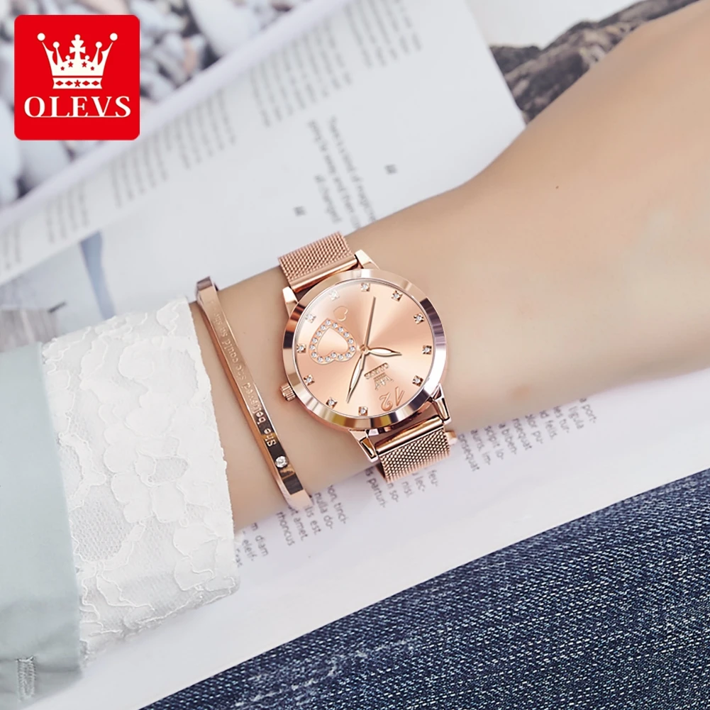 OLEVS 5189 Watch For Women Milanese Steel Strap 30M Waterproof Quartz Woman Watch Diamond Scale Heart Shape Ladies Wristwatch