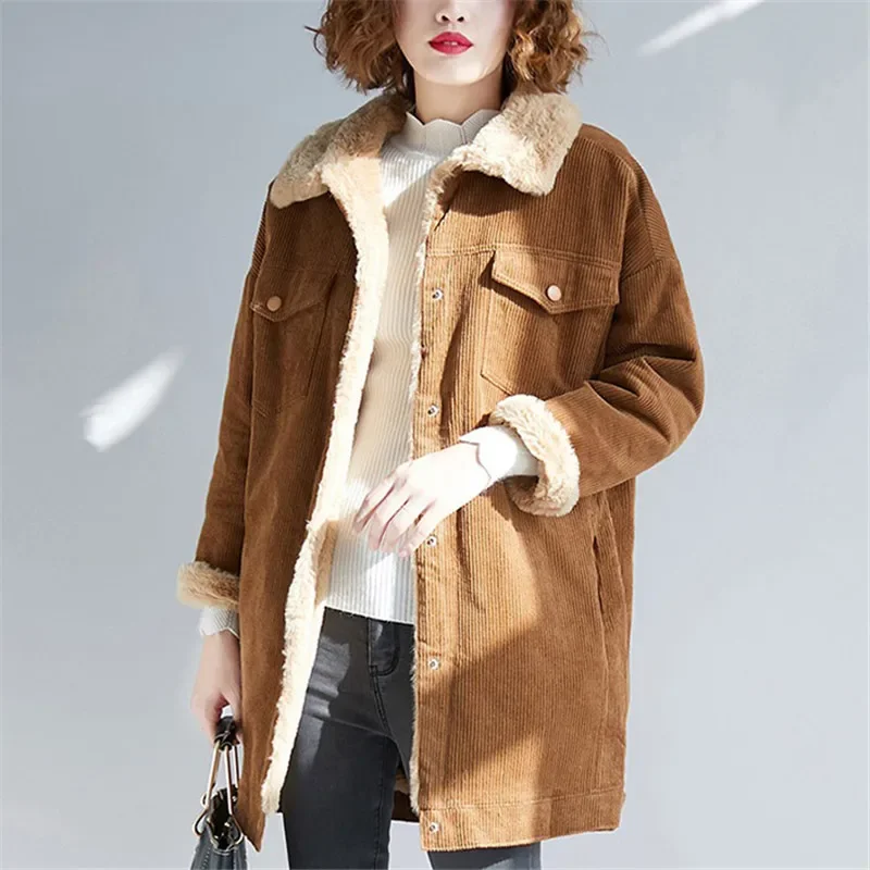 Autumn and Winter Jacket Ladies Corduroy Long Coat Lamb Wool Coat Female Long-sleeved Casual Single-breasted Jacket