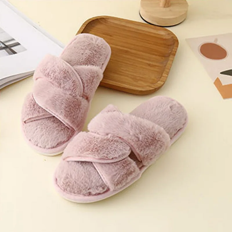 Winter Home Cozy Women Fur Slippers Faux Furry Cross Strap Flat Slides Slip  On Indoor Non Slip House Shoes Female Slipper Ladies - купить по выгодной  цене | AliExpress