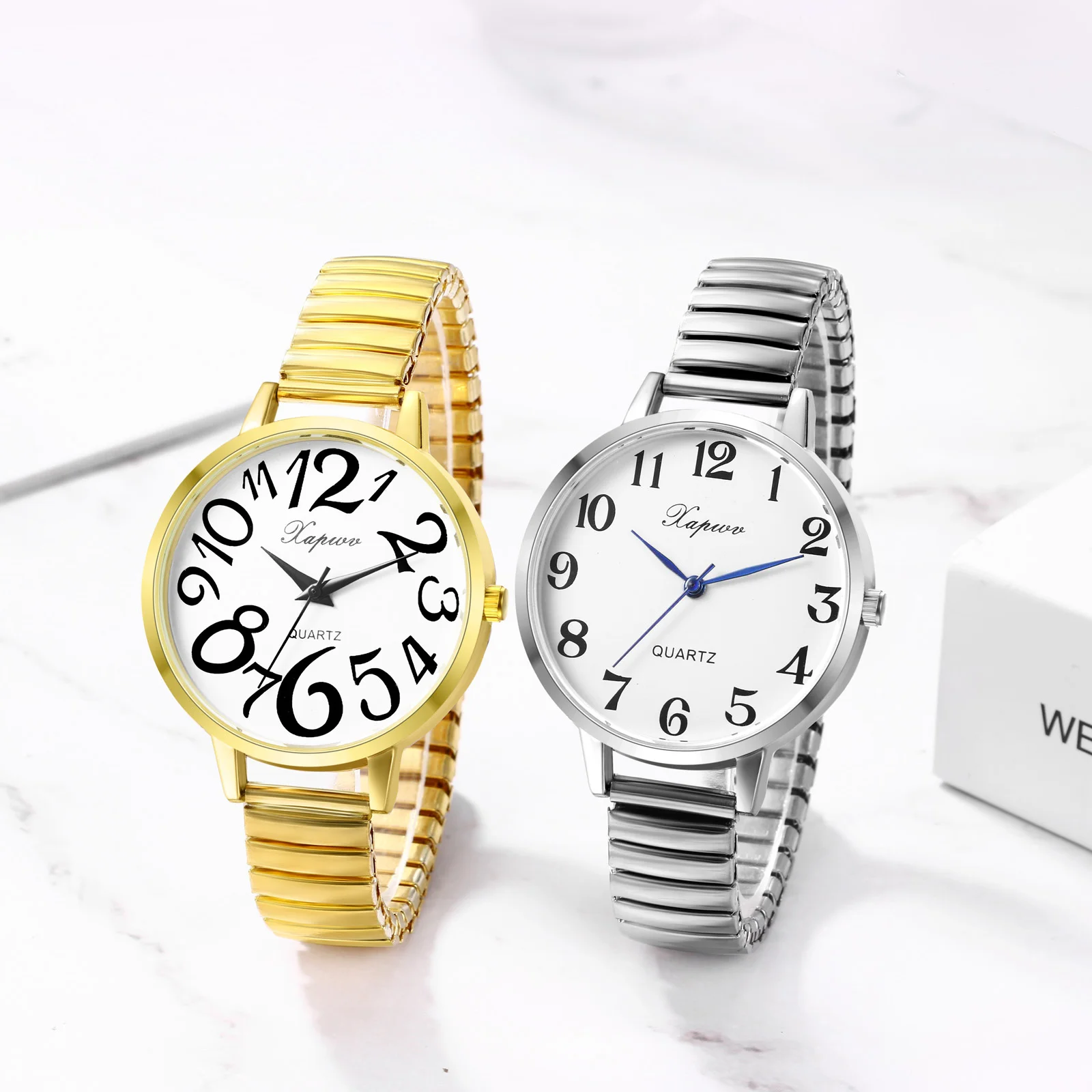Lancardo Womens Ladies Large Numerals Big Dial Elderly Watch Stainless Steel Stretch Elastic Band Wristwatch Christmas Xmas Gift 5