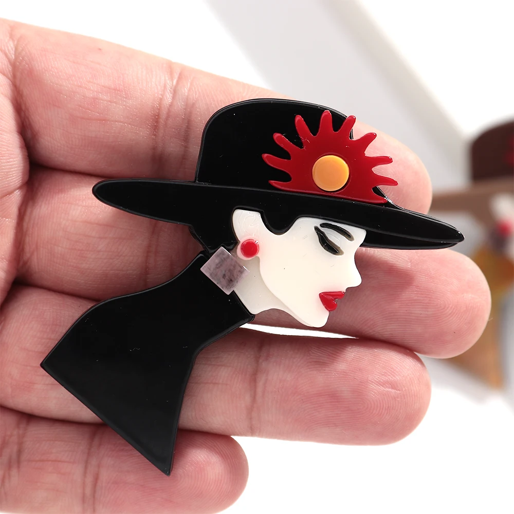 패션 플라워 모자 여성용 레진 브로치 아크릴 우아한 소녀 피규어 배지 핀 사무실 장신구 의류 액세서리 선물