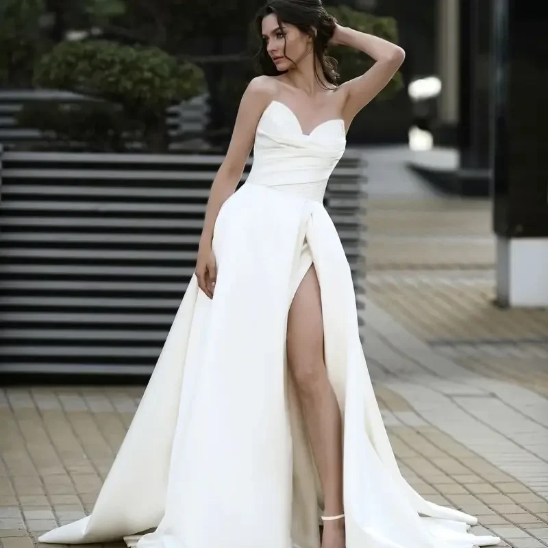 

Flavinke Elegant vestidos novias boda Satin Wedding Dresses Side Slit For Women A-line Stunning Bridal Gowns Robe Mariee