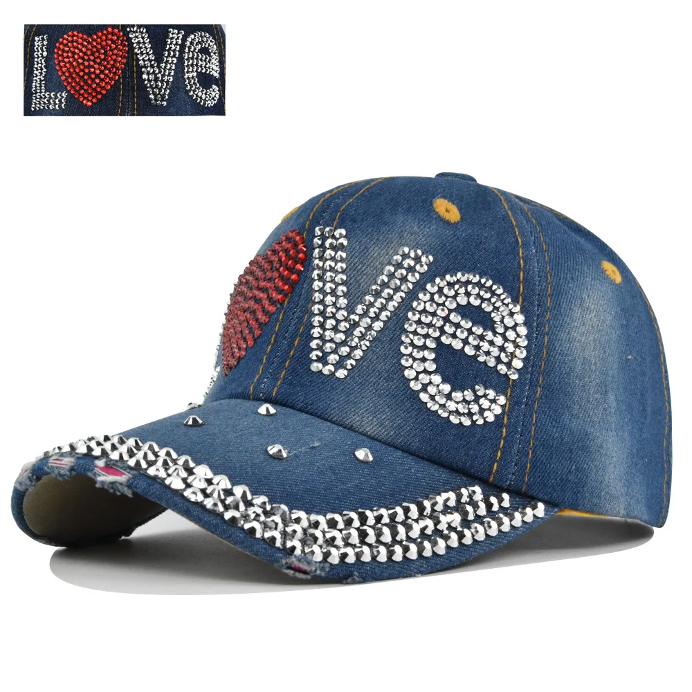 Denim Baseball Cap Women Retro Rhinestone Love Fashion Cowboy Summer Sun Hat Snapback Caps Casual Outdoor