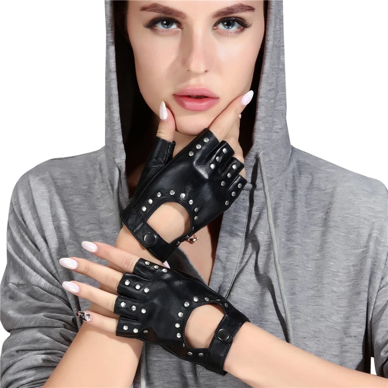 Half Finger Gloves Women Summer Dance Performance Punk Rivet Fingerless