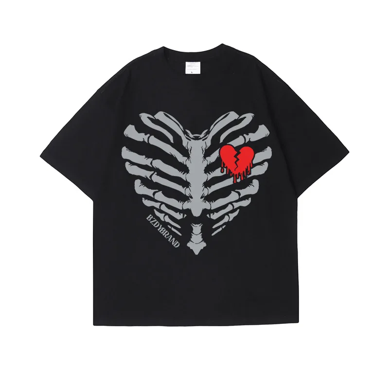 

Men's Fashion Hip Hop T Shirt Skeleton Printed Summer Tees High Street Loose Fit Y2K Short Sleeve Shirt Tops