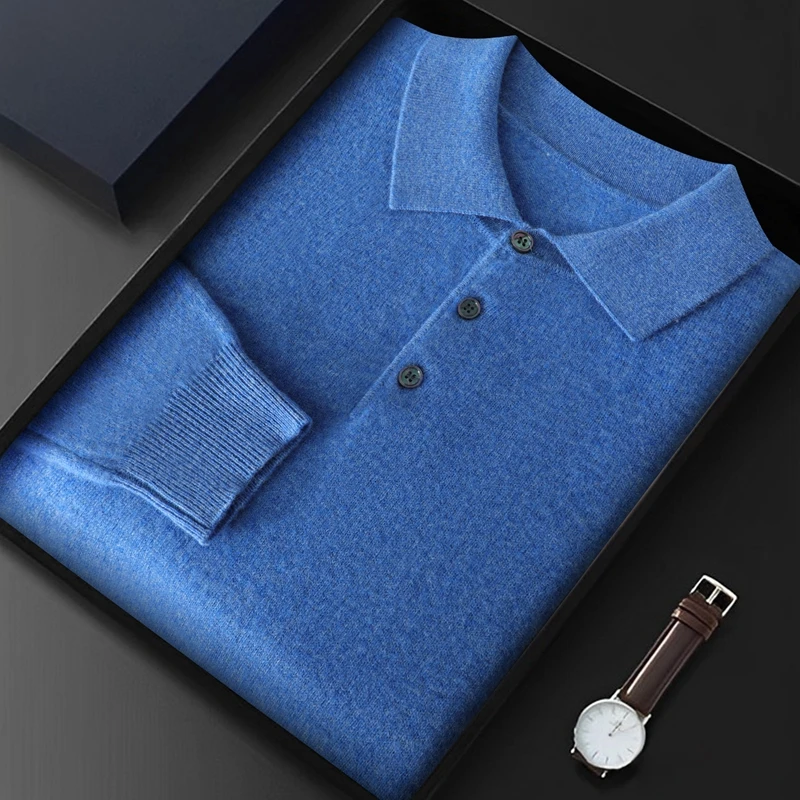 Men Knitwear Australian Wool Pullover Cashmere Basic Sweater Polo Collar Long Sleeve Business Clothing Tops