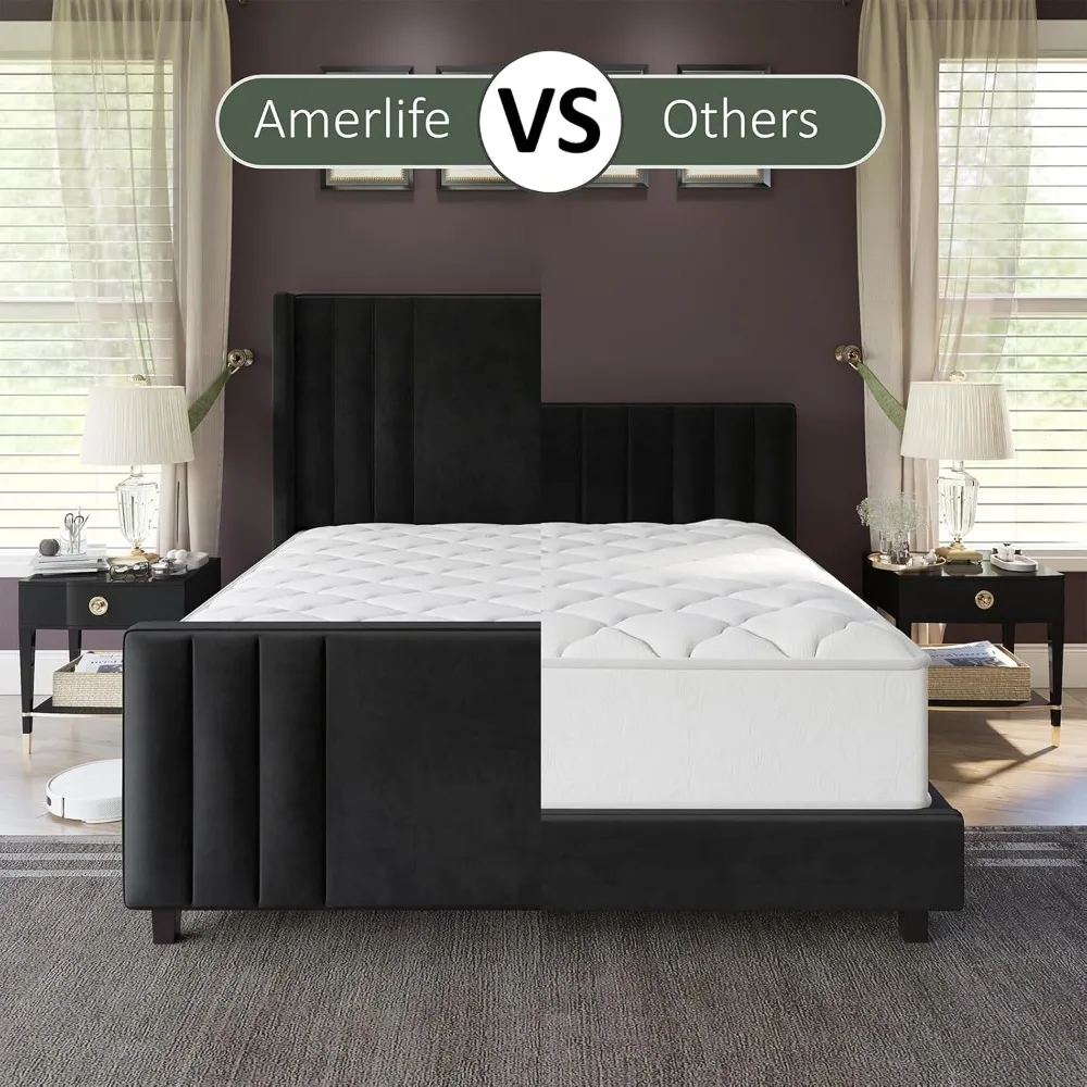 Queen Size Bed Frame, Velvet Upholstered Platform Beds with Vertical Channel Tufted Headboard & Footboard, Queen Size Bed Frame 4