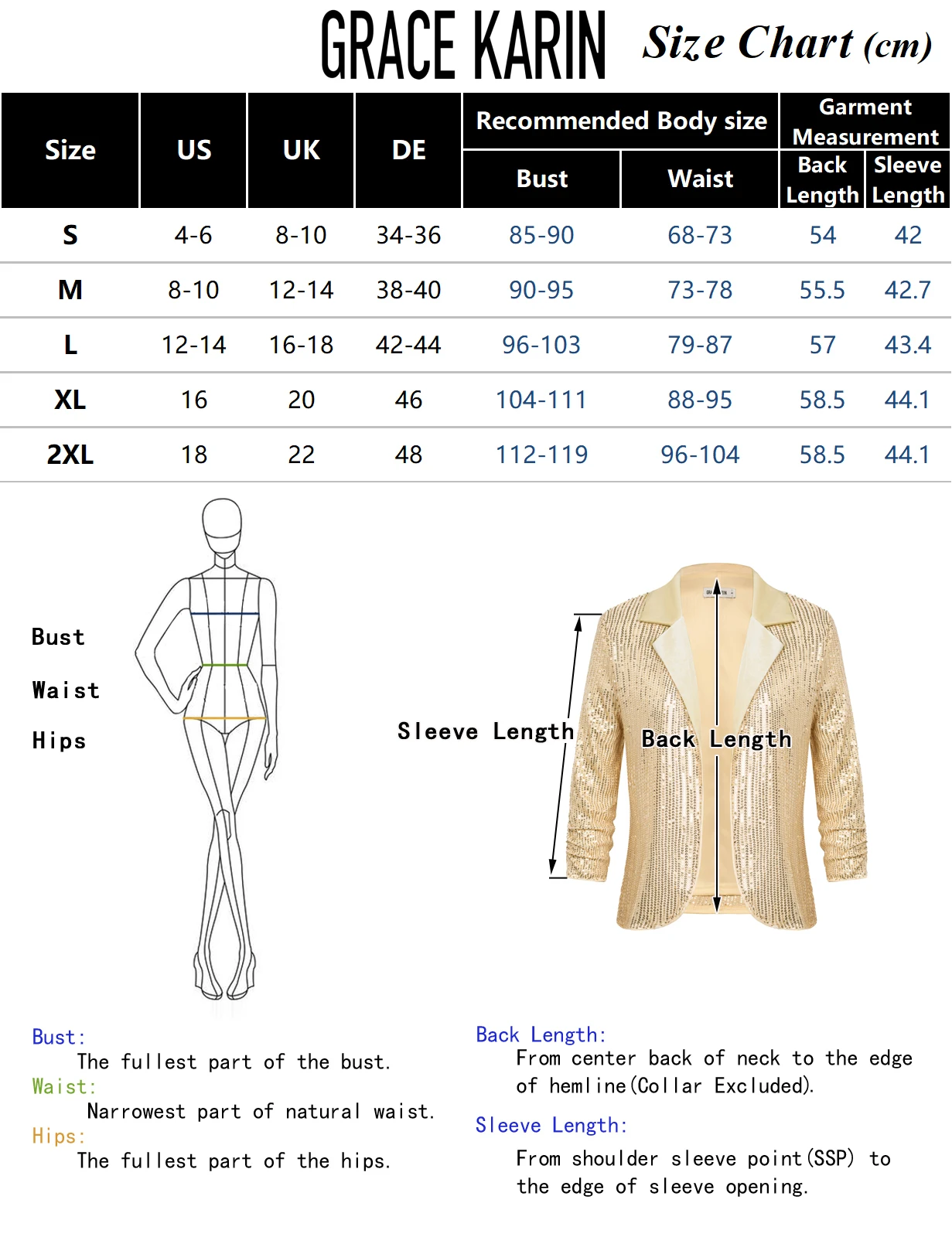 GK Women Sequined Party Blazer Coat 3/4 Sleeve Lapel Collar Open Front Coat Business Casual Blazer Jacket A30