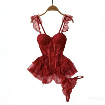 Abiti intimi sexy in pizzo da donna Reggiseno con reggiseno trasparente senza spalline $ Abiti brevi Set di reggiseni estivi corti retrò di moda