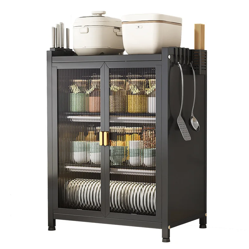 Modern Kitchen Storage Cabinet With Plastic Doors &ndash; Iron Frame Countertop Organizer for Dishes Utensils