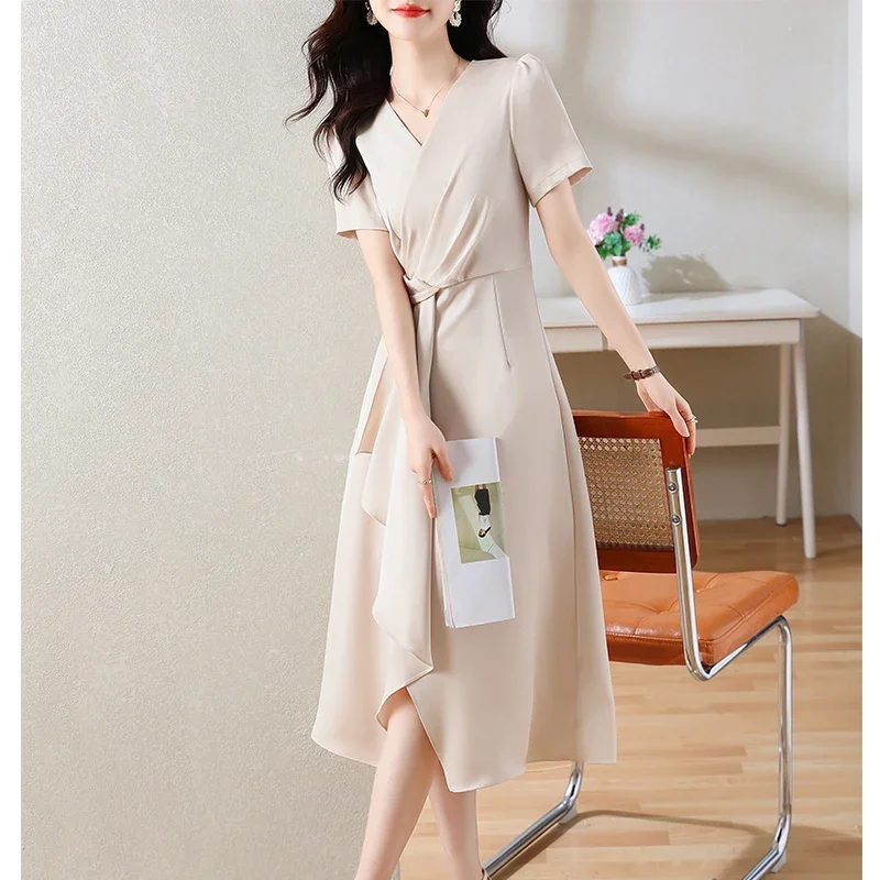 

New Summer Fashion Solid Midi Dress for Women 2023 Chiffon V-neck Office Lady Simple Causal Elegant Slim Fairy Dresses Korean
