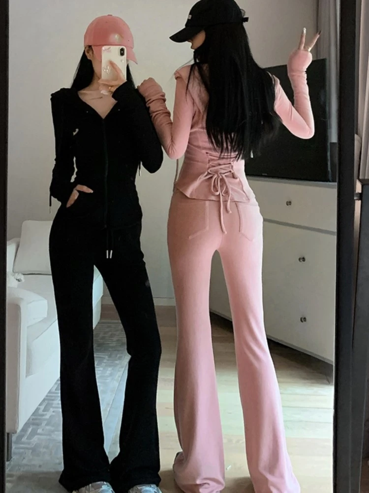 Y2K High Street Two Piece Set Tracksuit Women Hooded Zipper Jacket + Drawstring Wide Leg Pants Korean Fashion Solid Slim Outfits 2