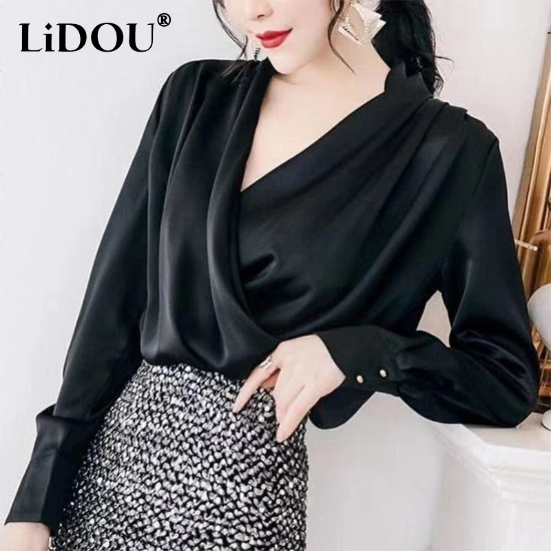 Spring Autumn Office Lady Elegant Fashion Cross V-neck Satin Shirt Female Solid Color All-match Long Sleeve Blouse Women's Top blouses lace criss cross cold shoulder blouse dark grey in gray size l m s xl