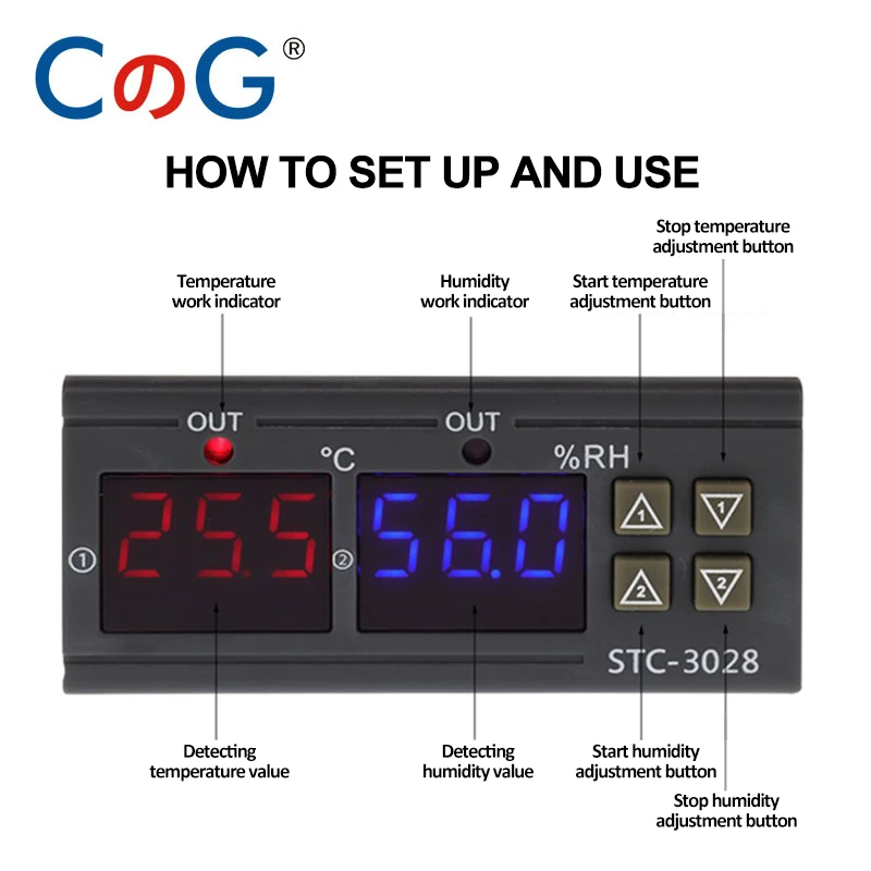 CG STC-3028 듀얼 디지털 온도 습도 컨트롤러, 가열 냉각 온도 조절기, 인큐베이터용 온도 조절기, 12V, 24V, 220V
