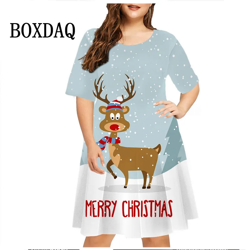

2023 Robe Women Christmas Party Dress Short Sleeve O Neck Cartoon Elk Xmas Print Dress Casual Cute A-Line Mini Dresses Plus Size
