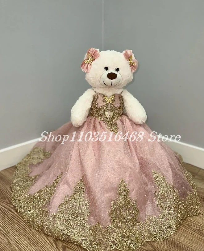 

Personalised Quinceanera Teddy Bear Dress Pink Glitter Halter Delicate Embroidery Beaded Applique Special Links