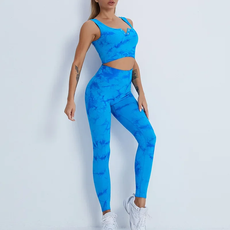 Yoga Sets Tie Dye Women's Gym Sleeveless Crop Vest Top Legging Pant Set Sportswear Fitness Sports Suit Workout Clothes for Women