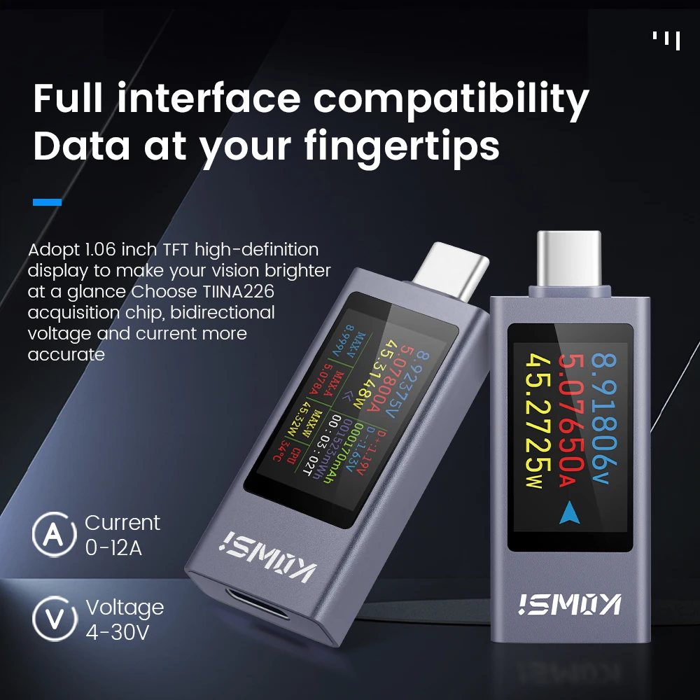 전압 측정기 전류 전압 용량 배터리 테스터 USB/Type-C 볼트 전류 검출기 충전기 용량 테스터 미터 DC 4-30V