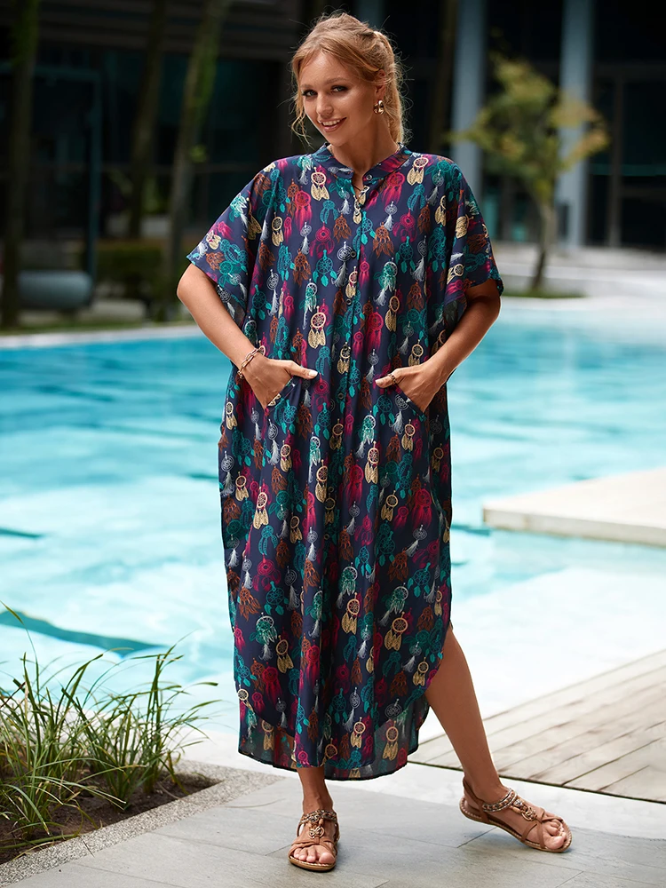 Cover-ups Kaftan Beach Print SnakeSkin Swimsuit Cover Up Kimono Plage Beach Robe Femme Long Dress Sarong Dress Beachwear