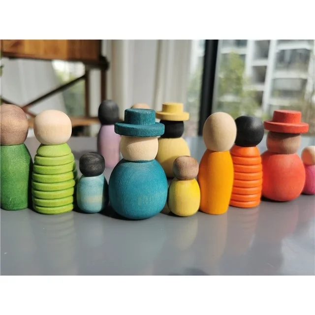 Wooden Montessori Toys Handmade Rainbow Peg Dolls Together Stacking Figurines Blocks For Children Open-ended Play 2