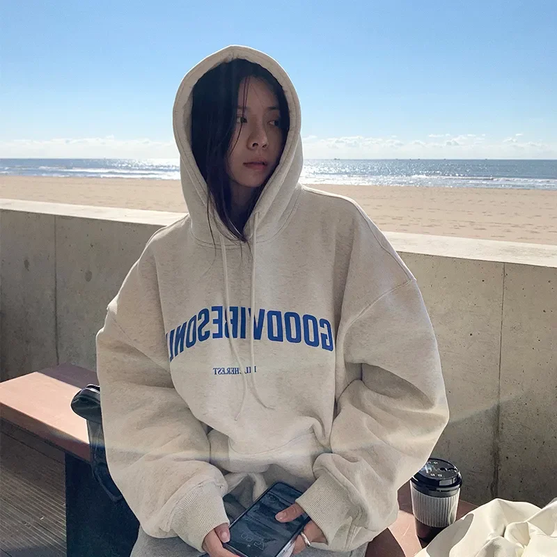 

Holifeni Womens Clothing Grey Vintage Street Sweatshirt Hoodie Letter Printing Long Sleeves Casual Warm Oversize Baggy Ladies