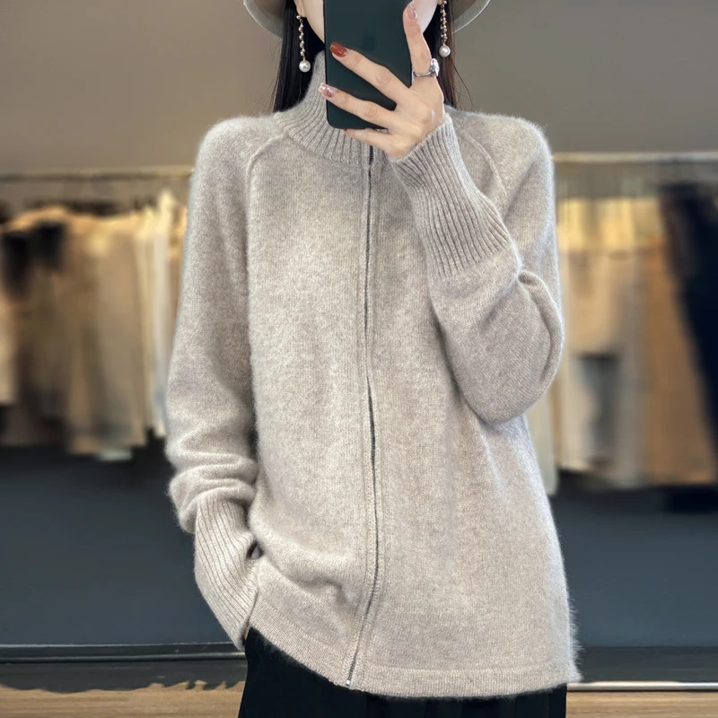 

2024 New Chic Women Zipper Cardigan Spring Autumn Warm Long Sleeve Sweater 100% Merino Wool Fashion Knit Sweater Women Coat