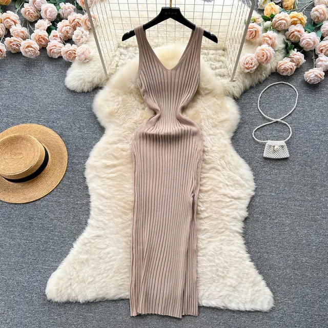 YuooMuoo Chic Fashion Sexy Wrap Hips Split Knitted Autumn Dress Women Slim Elastic Bodycon Long Dress Streetwear Outfits Vestido 3