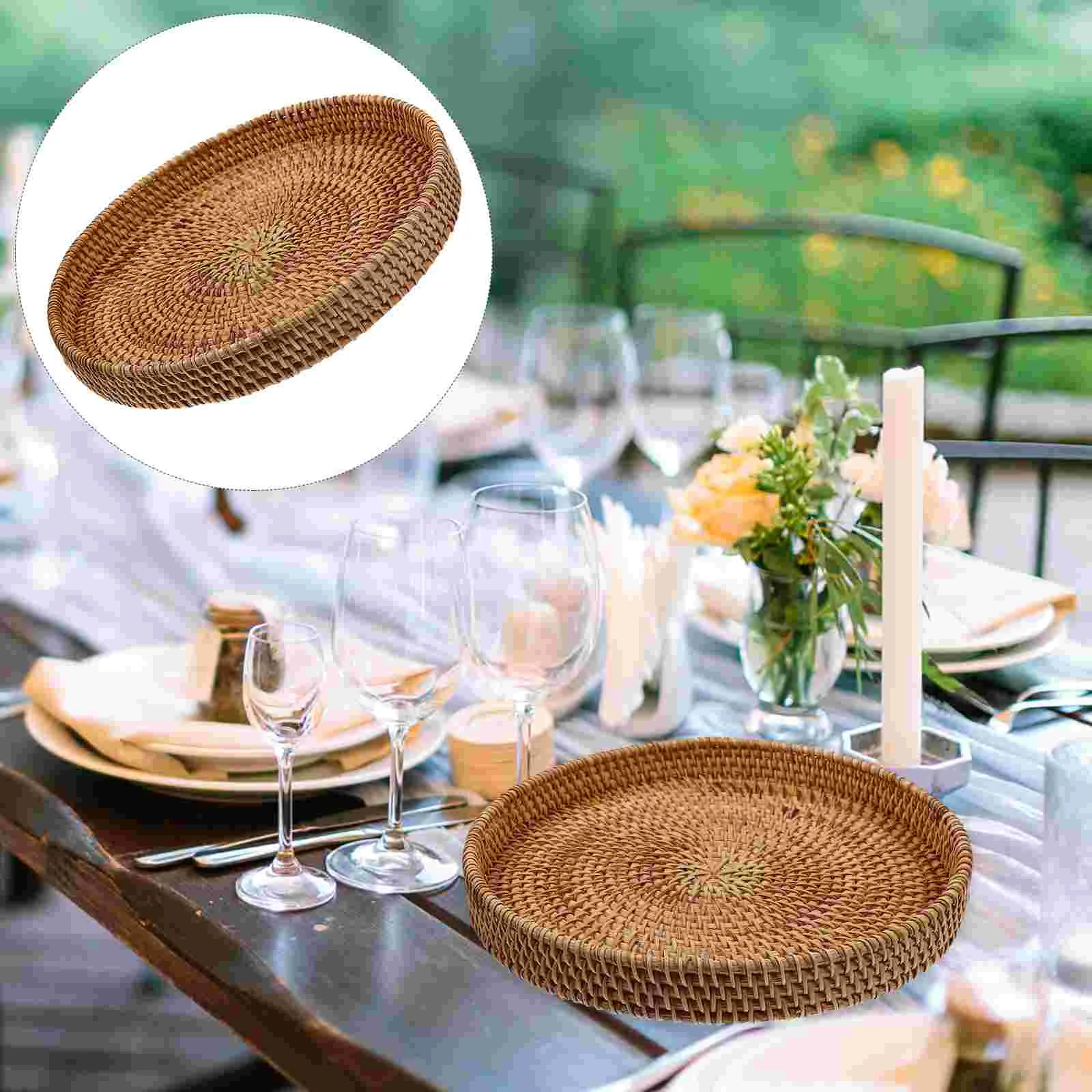 Circle Tray Vanity Stool Rattan Storage Basket Multi-function Coffee Multifunction Decorate Gathering Elegant Fruit Plate 5