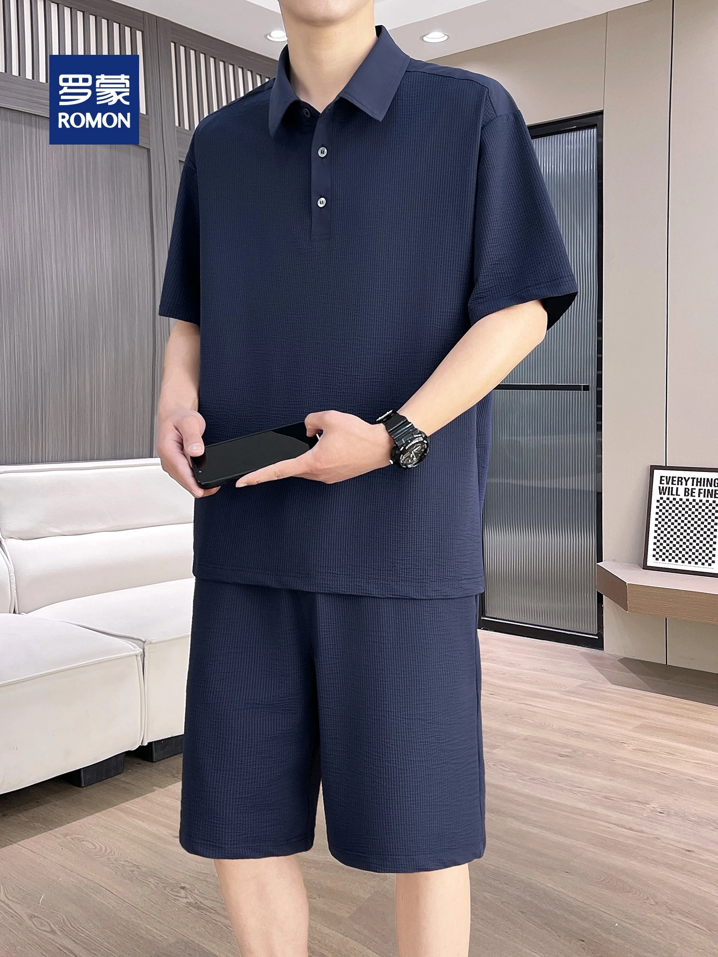 로몬 남성 여름 신상 아이스 실크 통기성 반팔 폴로셔츠 스포츠 반바지 캐주얼 세트 5부 나일론 스판덱스