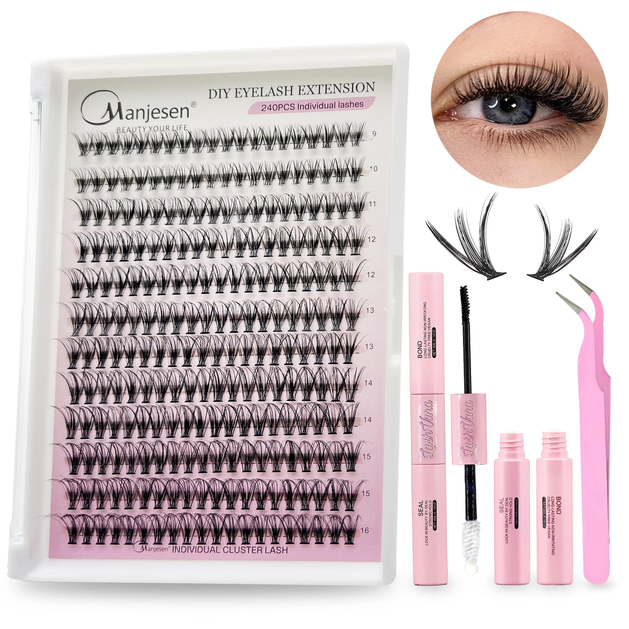 DIY Cluster Extension Lashes Kit 240 Bunches Individual Lashes Set Wispy Fluffy False Eyelashes Glue and Tweezer fake eyelashes lash extension kit eyelash set