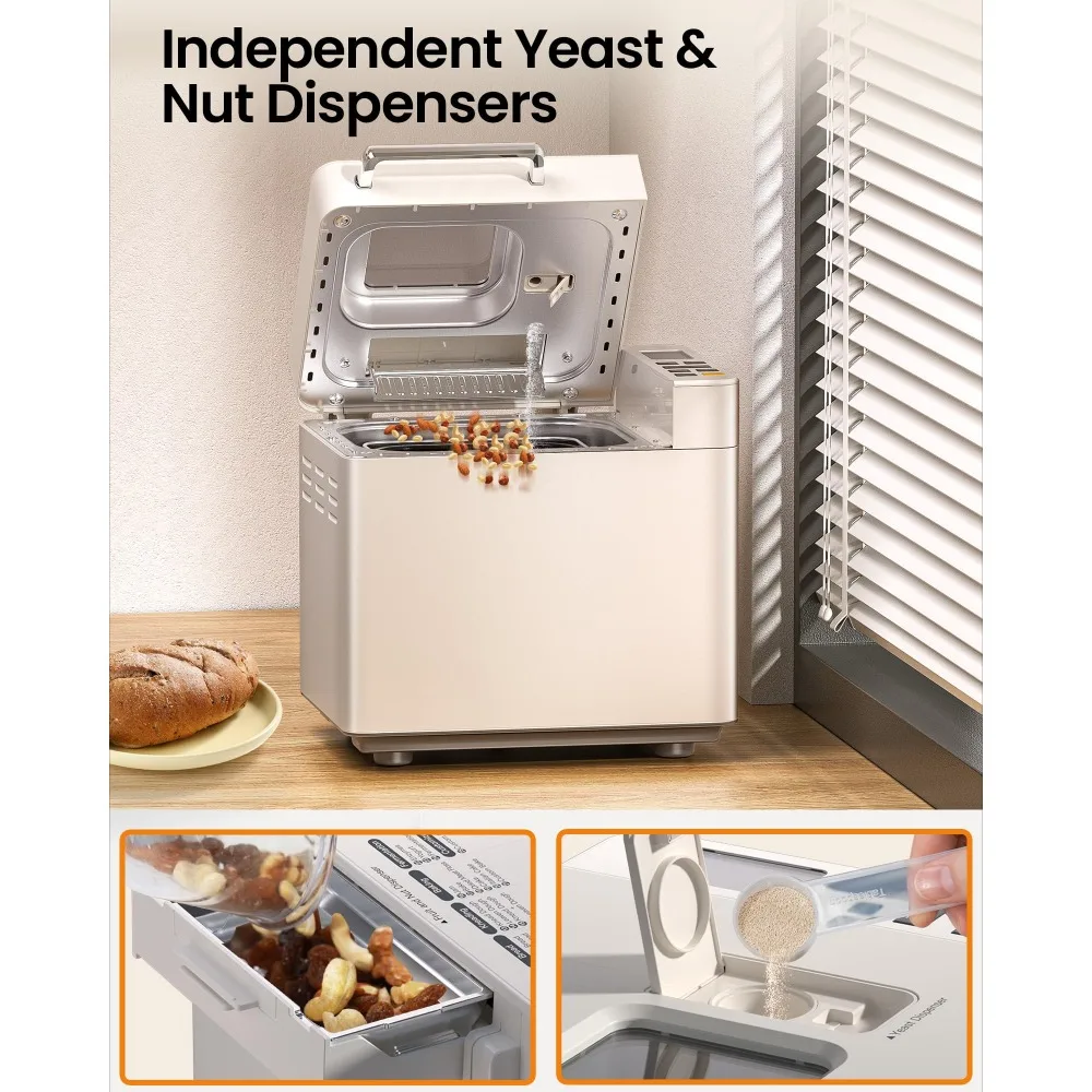25-in-1 Bread Maker Machine with Automatic Dual Dispenser, 2LB Stainless Steel Breadmaker with Gluten-Free 2